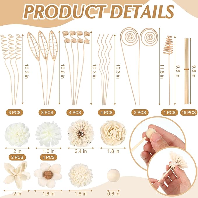 Queekay 32 Pcs Reed Diffuser Sticks Set Include 21pcs Natural Rattan Wood Beads, 11 Style Fragrance Diffuser, Rattan Reed Fragrance Replacement for Home(Wooden Color)