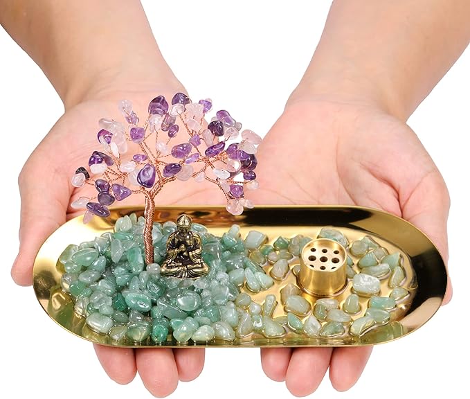 Jovivi Crystal Incense Holder for Sticks, Mixed Healing Crystal Stone Money Tree Buddha Statue Set Incense Burner, Incense Trays for Wealth, Good Luck,Yoga Meditation Home Decor