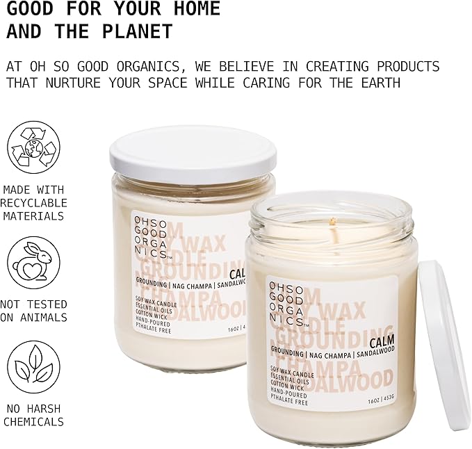 Scented Soy Wax Candle for Home with Hints of Nag Champa, Sandalwood, and Essential Oils, Soy Candles Non Toxic, Aromatherapy Candles, 16oz, 60 Hours Burn Time, Calm Scent