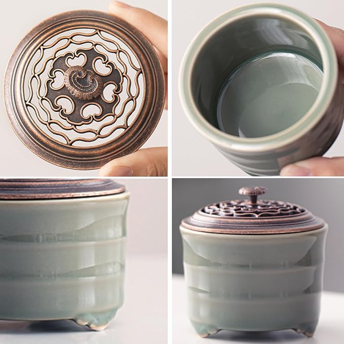 Ceramic Incense Holder with Beauty Lid,Coil Incense Burner for Cone and Powder Incense,Mediation Gift,Home Decor（Light Green）