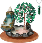 Malachite Waterfall Incense Burner, Money Tree Backflow Incense Holder Healing Crystal Stone, with 30 Backflow Incense Cones + 30 Incense Stick for Yoga Meditation Home Zen Decoration