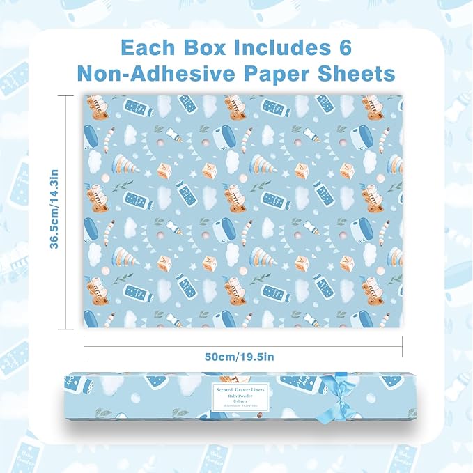 SCENTORINI Drawer Liners, 6 Sheets Fragrant Paper Liners,Baby Powder Scent Non-Adhesive Paper Sheets for Home Closet, Dresser Drawers, for Home Fragrance