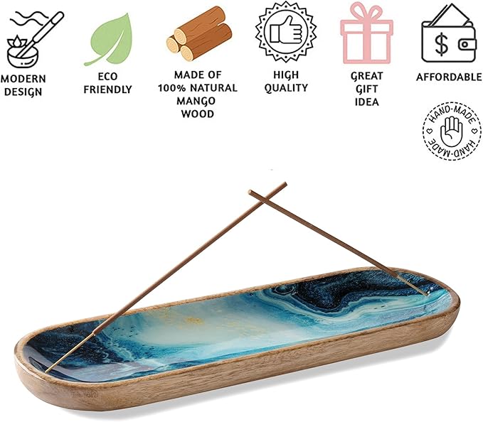 Folkulture Incense Holder for Sticks or Incense Burner | Insence-Stick Holder for Men or Her, Modern Ash Catcher or Insense for Table Décor, Wooden Incense Tray for Sticks, Mango Wood -12 Inches, Blue