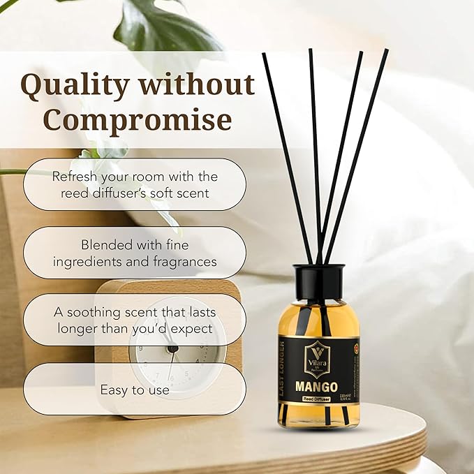 Mango Reed Diffuser Sticks and Bottle - Tropical-Scented Reed Diffusers for Home, Bathroom, Bedroom, Office - Luxury Home Fragrance Products & Decor - Long-Lasting Scent - 3.72 fl oz