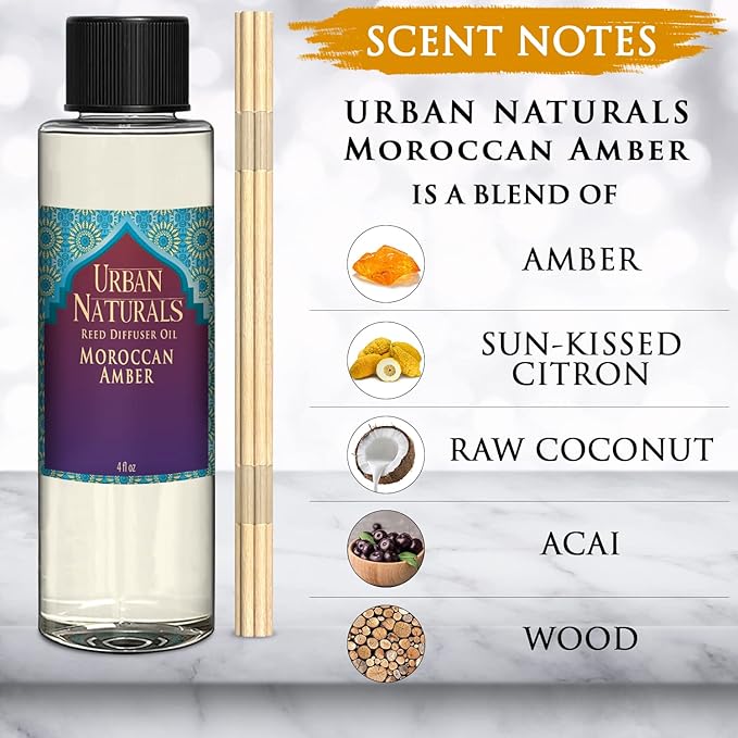 Urban Naturals Moroccan Amber Reed Diffuser Refill Set | Includes a Free Set of Reed Sticks! 4 oz. | Great Gift Idea Home Fragrance Lovers!