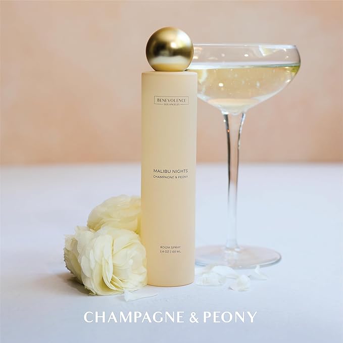 Benevolence LA Malibu Nights Room Spray | Champagne & Peony | 3.4oz | Versatile Home Fragrance, Pillow & Linen Spray | Low VOC, No Alcohol | Malibu Sands Collection