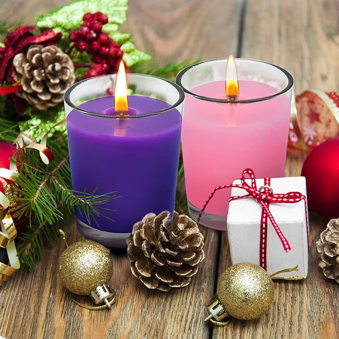 12 Packs Advent Candles with Clear Glass Holder, 9 Purple and 3 Pink Votive Candles, Unscented Seasonal Celebration Candles for Christmas Table Decoration, 1.8oz, KFUS-12VOT-ZIFEN