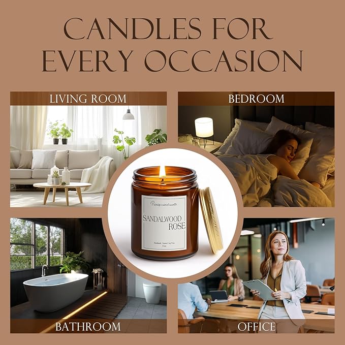 Sandalwood & Rose Scented Candles for Home, Natural Soy Wax Aromatherapy Santal Rose Candle Gifts for Men & Women, Highly Scented & Long Lasting Non Toxic Jar Candle for Stress Relief (9oz)