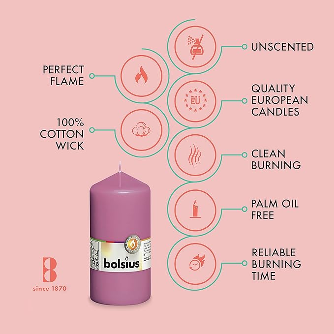 BOLSIUS 8 Pink Pillar Candles - 2.75 x 5 Inches - Premium European Quality - Individually Wrapped - 43 Hours Burn Time - Dripless & Smokeless - Unscented Dinner, Wedding, Party, & Restaurant Candles