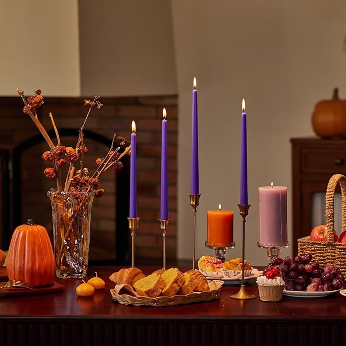 New Burning Formula Unscented Dripless 10-Inch Taper Candles Set of 12 - Purple, for Wedding, Dinner - Smokeless, Long Burning - Hand Poured, Colored Tall Candlesticks - Púrpura