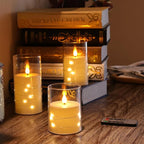 Flashing Flameless Candle with String Light, Battery Powered Candle, Recessed String LED Candle, Indestructible Plexiglass Candles with Remote Control, Set of 3, Ivory White