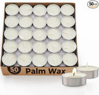 Unscented Palm Tea Lights Candles 50 Pack Bulk, 4.5 Hours Long Burning White Tea Lights,Non-Paraffin, Smokeless, Mini Tealight Candles for Wedding, Christmas Lights, Party, Power Outages