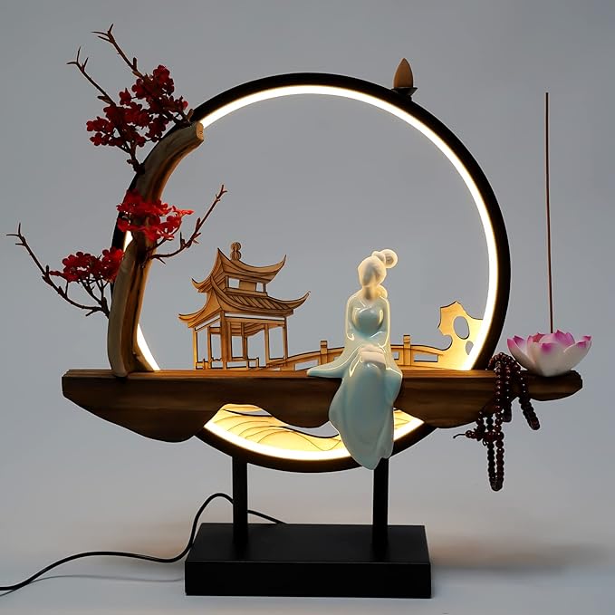 Backflow Incense Holder with LED Light and Plum Blossom, Ceramic Lady Chinese Style Backflow Incense Burner Perfect for Relaxing or Home Decor