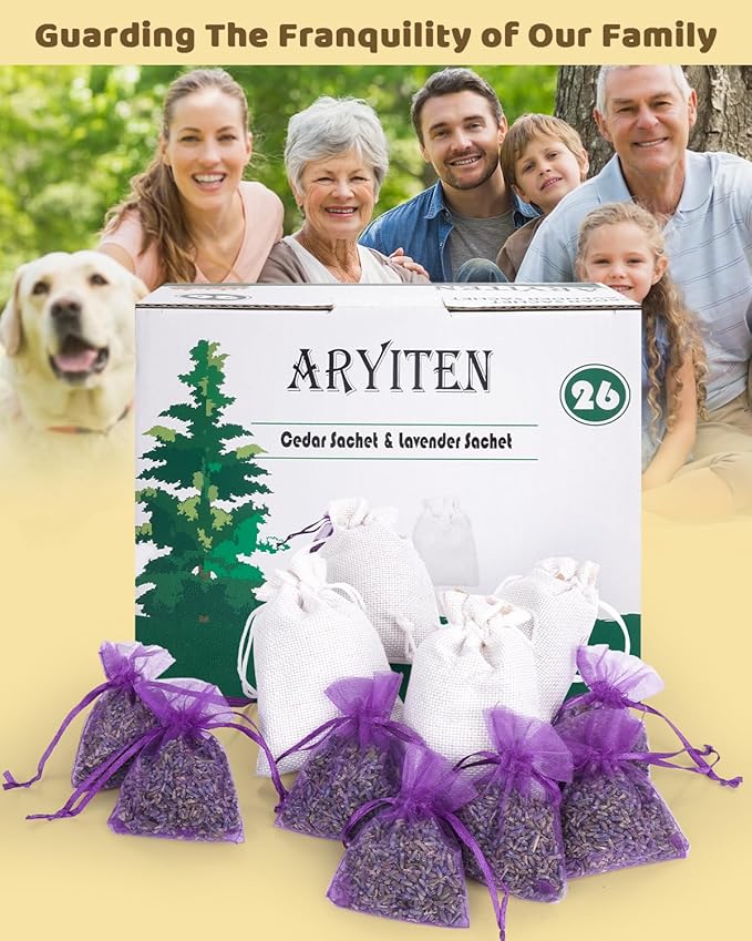 26 Pack Cedar Chips and Natural Dried Lavender Sachets Bags - Stop Clothes Damage, Cedar and Lavendar Home Fragrance for Drawers and Closets