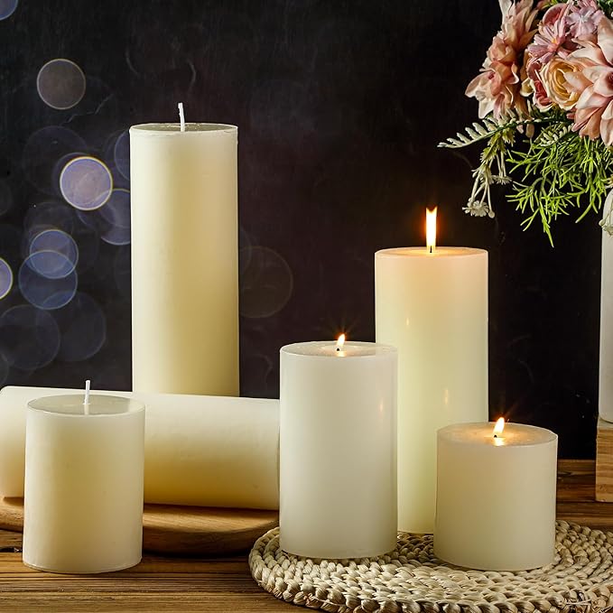 Shihanee 24 Pcs Pillar Candles 3 in x 3,4,5,6,8,10 Dripless Unscented Smokeless Candle Long Burning Decorative Rustic Candles with Cotton Wick for Wedding Home Fireplace (Ivory White)