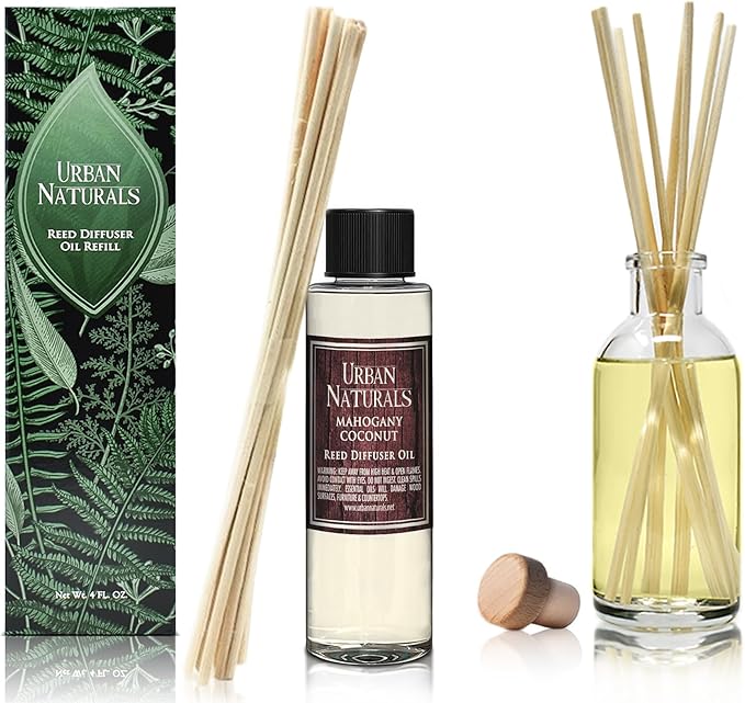 Urban Naturals Reed Diffuser Oil Refill, Mahogany Coconut Diffuser Oils with Sandalwood, Coconut, Oakmoss, 4 oz + Free Reed Sticks, Made in The USA