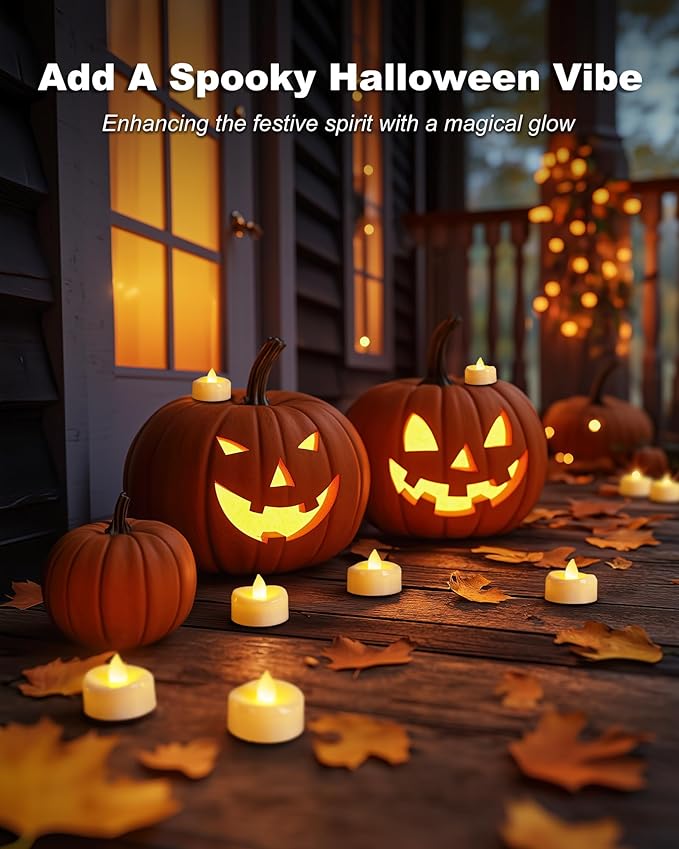 5plots Flameless Candles, 100 Pack LED Tea Lights Candles Battery Operated, Electric Tea Lights, Flameless Tealight Candles for Halloween Diwali Fall Christmas Wedding
