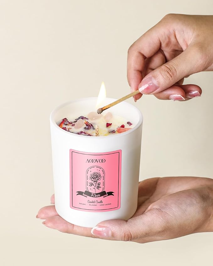 AOOVOO Rose Scented Candles for Women - Aromatherapy Candle with Crystals Inside, 10oz Soy Candles for Home Scented, Birthday Gifts Mothers Day Candle for Mom Women