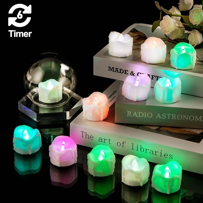 Color Changing Tealight Candles (White Base), 6H Timer (No Remote), Battery Operated Flameless LED Tea Lights, Pack of 12