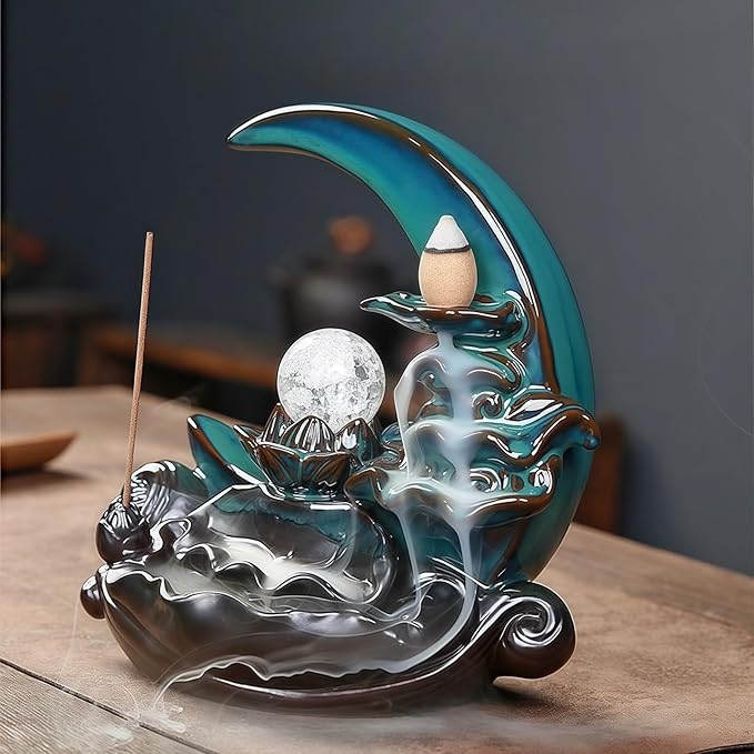 Moon Backflow Incense Burner,Ceramic Incense Cone Holder, Incense Waterfall Fountain,Backflow Incense Holder with 60 Backflow Incense Cones and 40 Incense Sticks