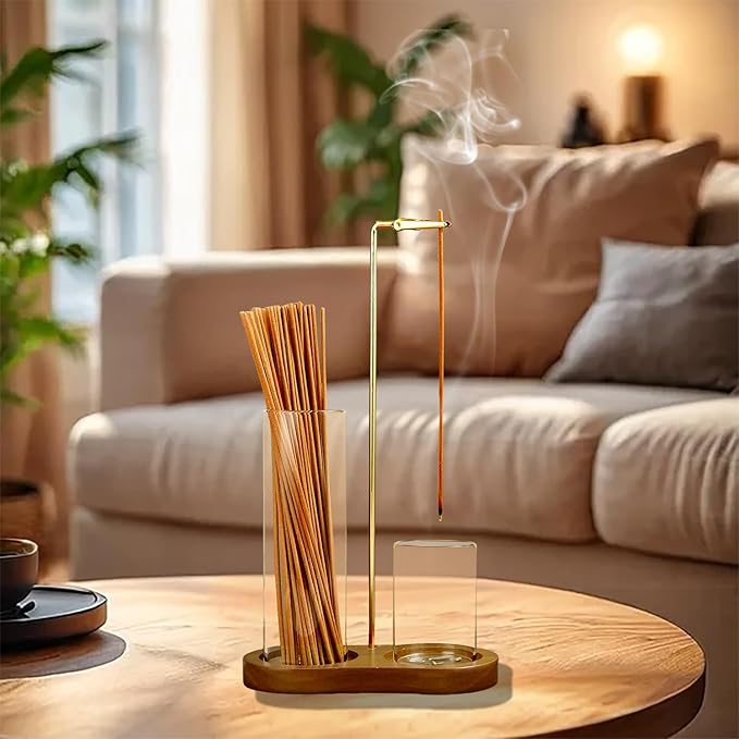 2 in 1 Incense Holder for Sticks, Anti-Ash Flying Incense Burne with Glass Ash Catcher and Incense Sticks Organizer for Meditation Yoga Spa Home Decor (Dark Base)
