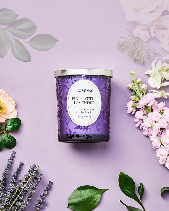 M&SENSE Eucalyptus Lavender Strong Scented Candle, Wooden Wick Candle with Lid, 100 Hours Slow Burning No Toxin Natural Soy Wax 18oz, Relax Aromatherapy Sleep Home Fragrance, Housewarming Gifts