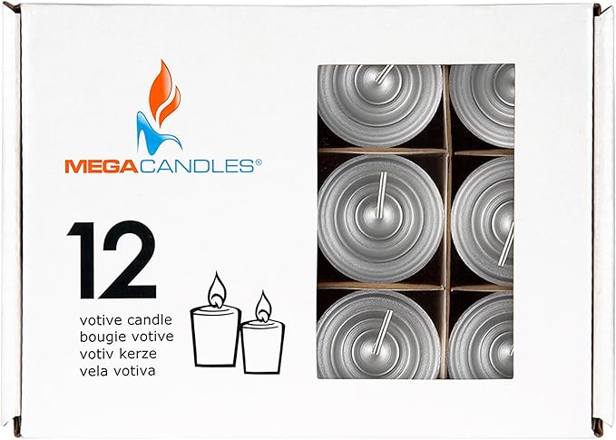 Mega Candles 12 pcs Unscented Silver Votive Candles, Hand Poured Wax Candle 15 Hours 1.5 Inch x 2.25 Inch, Home Décor, Wedding Receptions, Centerpieces, Occasions, Events, Meditations, Holders