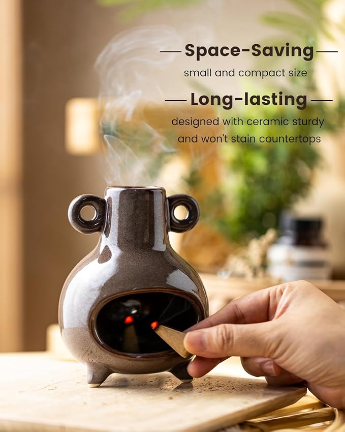 Ceramic Chiminea Palo Santo Holder, Modern Incense Holder Burner for Sticks Sage Bundles Cone Incense, Chimenea Incense Dish for Meditation Decor, Brown