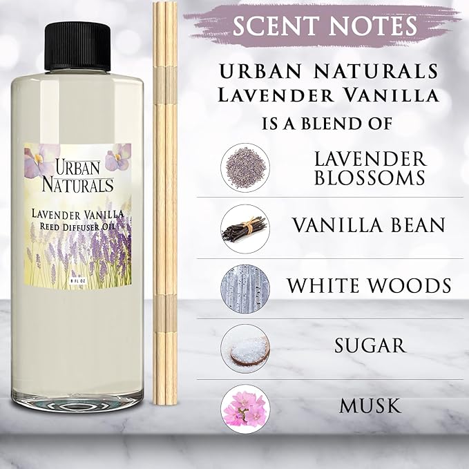 Urban Naturals Reed Diffuser Oil Refill Lavender Vanilla with Creamy Vanilla, White Woods 8 oz + Free Reed Sticks, Made in The USA