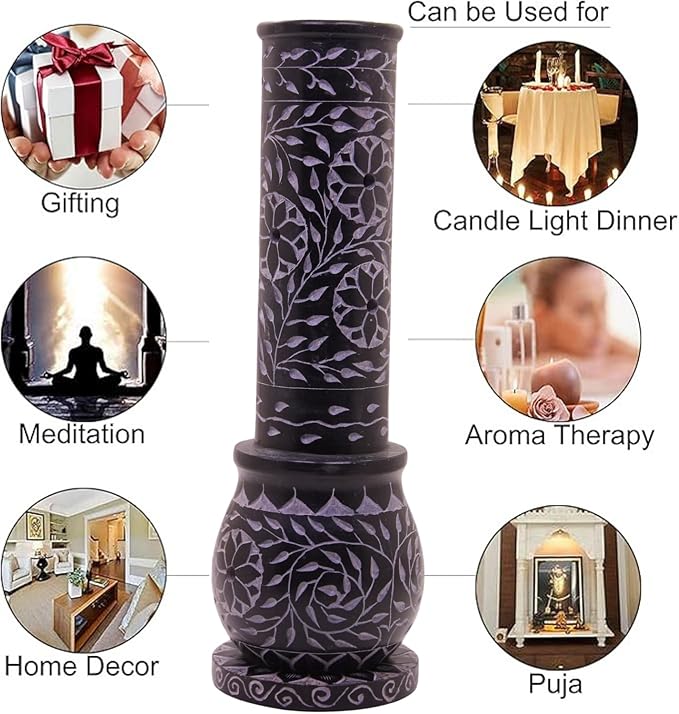 Marble Soapstone Black Incense Stick Holder | Candle Burner | Tea Light Holder - Round Incense Holder Decorative Home and Office Decor - (3 x 3 x 10 Inches)