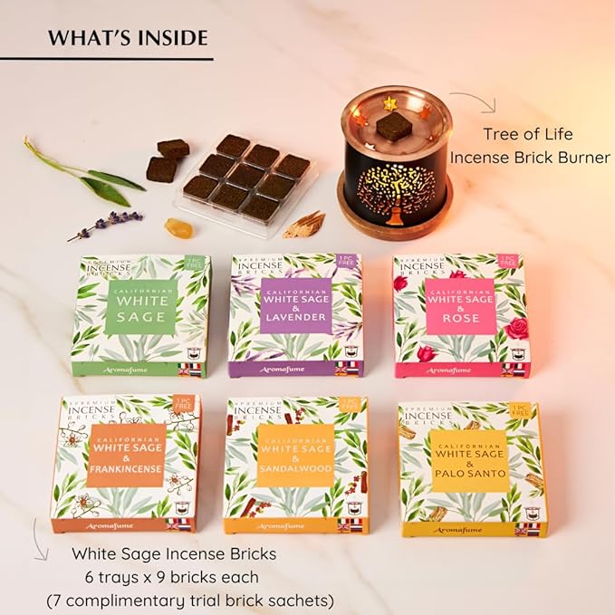 White Sage Incense Brick Super Set by Aromafume | 54 Bricks & Tree of Life Exotic Burner | White Sage with Rose, Lavender, Palo Santo, Sandalwood, Frankincense | Sage for Cleansing, Smokeless Smudging