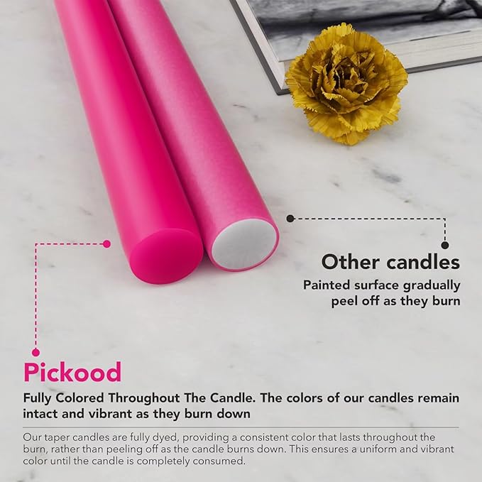 New Burning Formula Unscented Dripless 10-Inch Taper Candles Set of 12 - Hot Pink, for Wedding, Dinner - Smokeless, Long Burning - Hand Poured, Colored Tall Candlesticks - Rosa Intenso