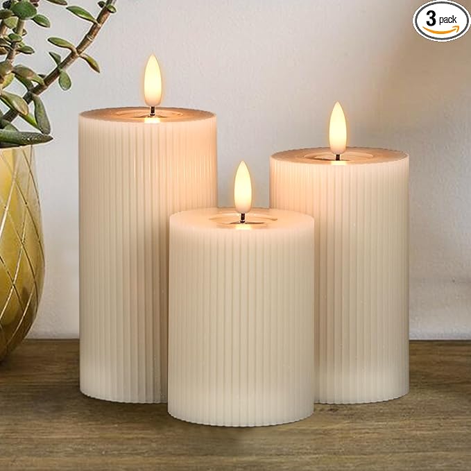 Real Wax Flameless Candles with 6hrs Timer, Battery Led Pillar Candles Flickering 3D Wick Pack of 3 Striped Candles, Party Dinner Home Decor House Warming, Light Gray Φ 3" H 5" 6" 7"