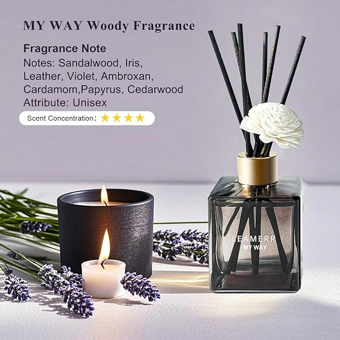 Reed Diffuser Set, 6.1 oz (180 ml) My Way Woody Fragrance Diffuser with 6 Reed Sticks and Scented Diffuser Flower Long-Lasting Home Fragrance Reed Diffuser for Home Room Office Bathroom Shelf Decor