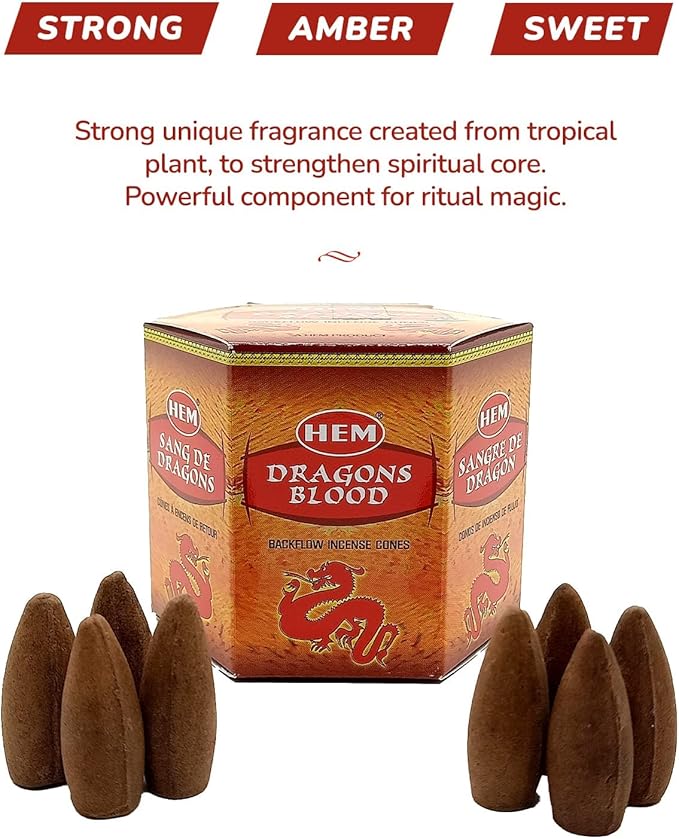 Backflow Incense Cones Dragons Blood - (40 Inscents-Hem Cones Waterfall) - Sweet Amber Mystical Dragon Blood Cones | Thick Cloudy Incense Fountain Waterfall.