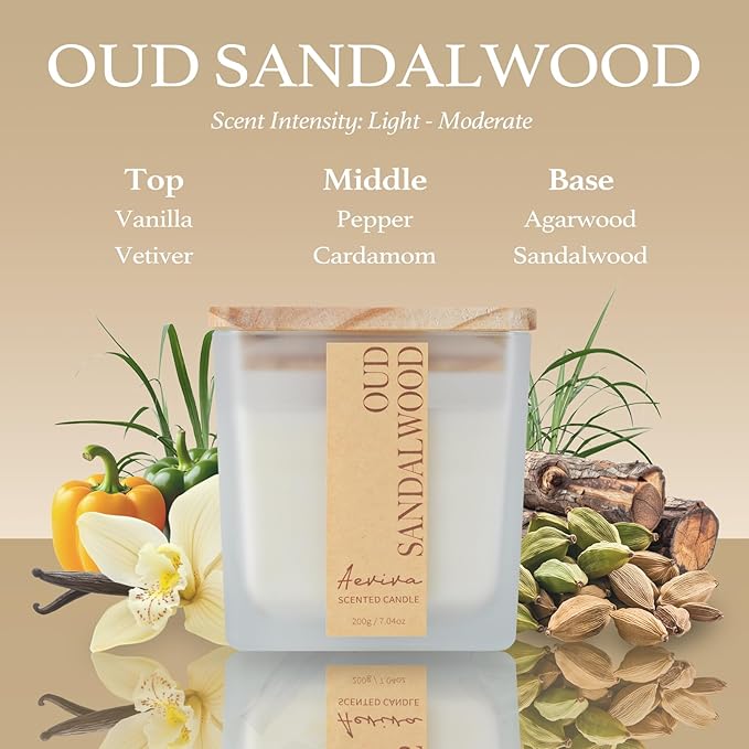 Scented Candle, 7.04 oz Oud Sandalwood Aromatherapy Candle, Natural Soy Wax with Wooden Wick, Candles for Home, 45 Hours Burn Time, Scented Jar Candle Gifts