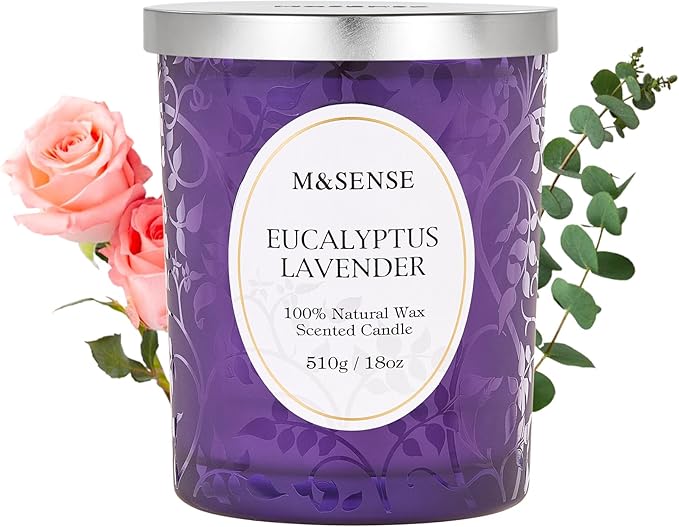 M&SENSE Eucalyptus Lavender Strong Scented Candle, Wooden Wick Candle with Lid, 100 Hours Slow Burning No Toxin Natural Soy Wax 18oz, Relax Aromatherapy Sleep Home Fragrance, Housewarming Gifts