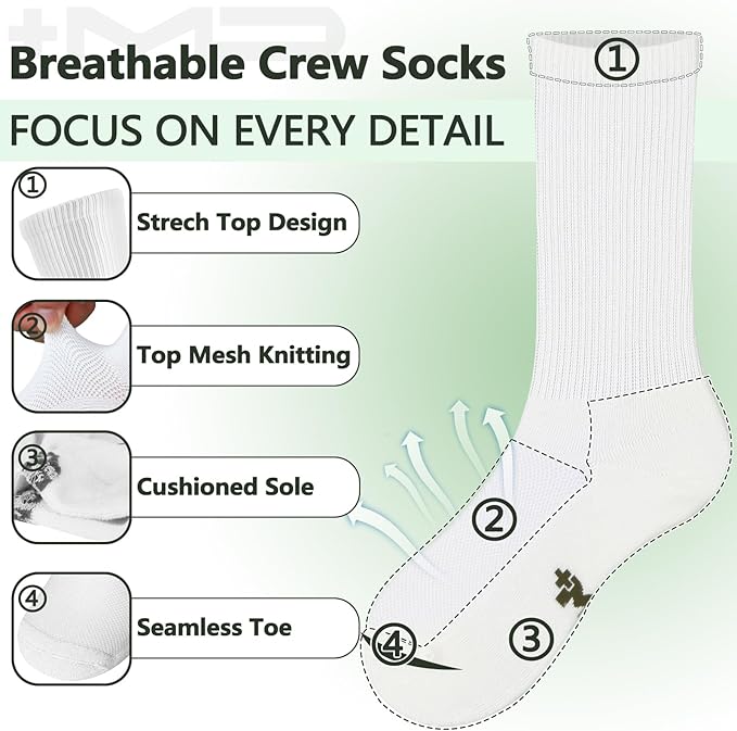 +MD Crew Socks for Men 6 Pairs, Viscose Bamboo Socks, Mens Dress Socks with Soft Cushioned, Smell Control, Black White
