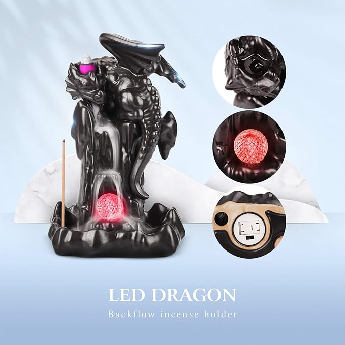 Ceramic Dragon Backflow Incense Holder - Waterfall Smoke Burner with 70 Cones + 50 Sticks, Mat & Tweezers, Unique Smoke Effect for Aromatherapy, Meditation & Home Decor (Brown)