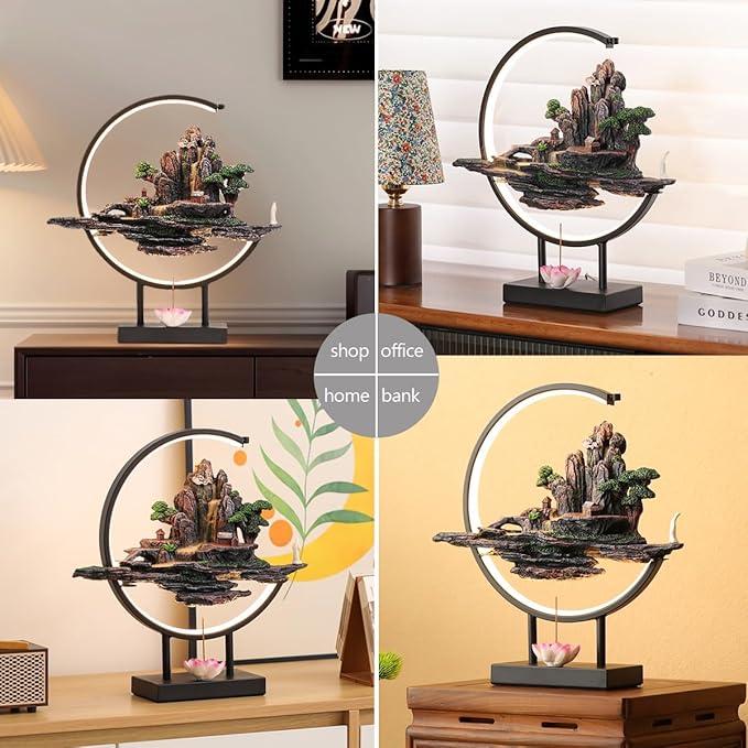 Backflow Incense Waterfall Fountain Burner with Adjustable LED Light Ring,Resin Rockery Landscape Ornament insence-Stick Holder,Compatible with Cone and Stick Incense (Grayish Green)