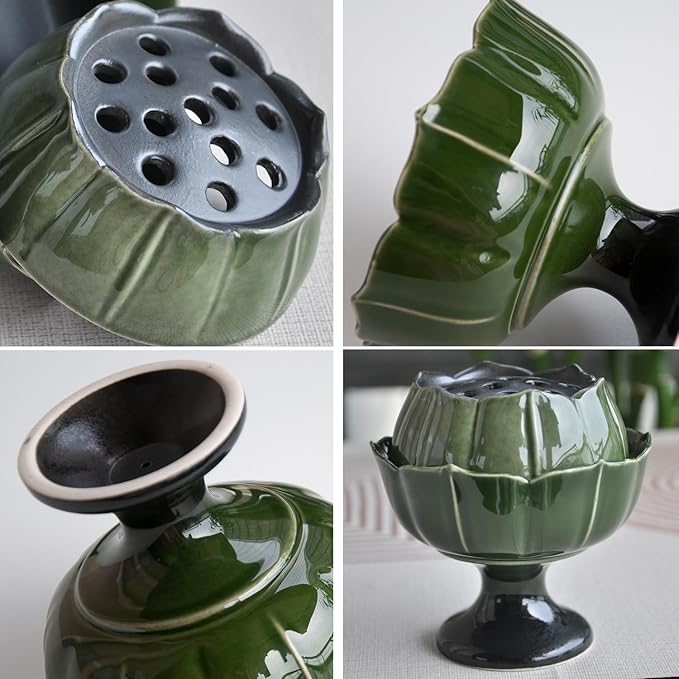 Ceramic Incense Holder with Lid,Lotus Incense Cone Holder for Coil Incense and Powder Incense,Mediation Gift,Home Decor (Deep Green)