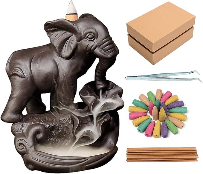 YYW Backflow Incense Burner Holder Handmade Waterfall Incense Cone Sticks Holder Elephant Home Decor with 120 Incense Cones 30 Incense Sticks