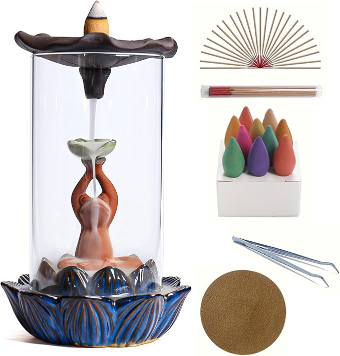 ChangWanna Frog Incense Burner Holder - Ceramic Lotus Incense Holder Ash Catcher, Glass Incense Holder for Sticks, Insence-stick Holder Ornament for Aromatherapy/Yoga/Meditation/Home Room Office Decor