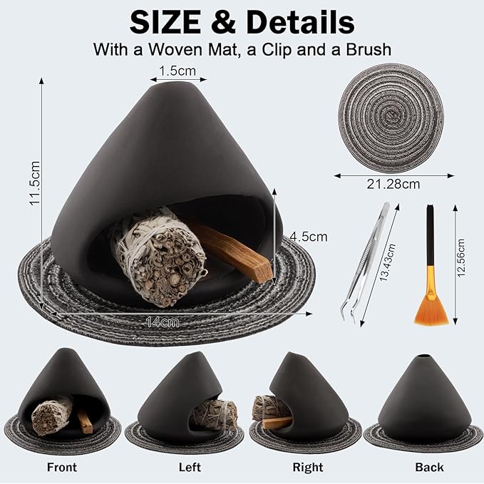 Yawlsow Palo Santo Holder Burner, Charcoal Bakhoor Incense Burner,Smudge Bowl,Sage Holder,Ash Catcher for Meditation Zen Decor (Black+Mat)