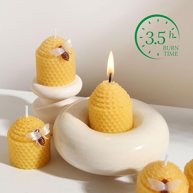 Pure Beeswax Candles 12 Pack, Hand-Rolled Honeycomb Bees Wax Candle Votives, 3.5 Hours Burn Time Each, Non-Toxic and Dripless for Home Decor, Party, Gifts