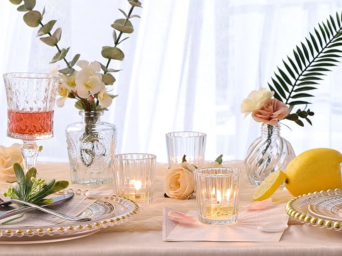 8pcs Vintage Ribbed Votive Candle Holders, Glass Candle Holder for Wedding Table Decor, Tea Lights Candle Holder for Table Centerpiece, Christmas, Holiday Decor