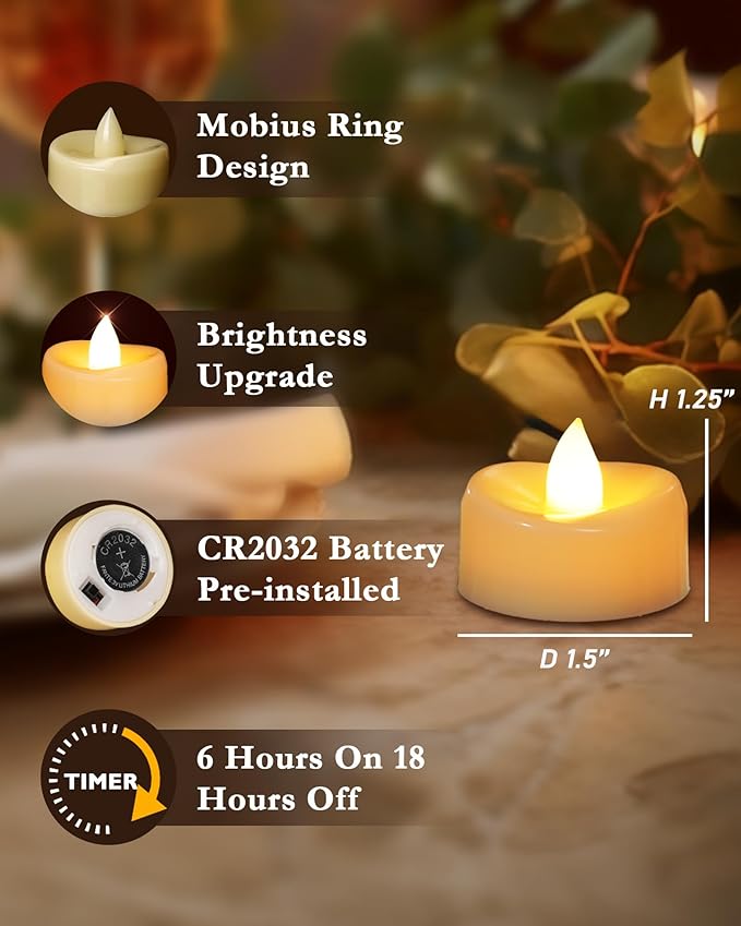 LED Candles, 12 Pack Tea Lights with Timer, Flameless Tea Lights Candle Battery Operated Fake Votives for Halloween Diwali Christmas, 6 H On and 18 H Off, D 1.5” x H 1.25”