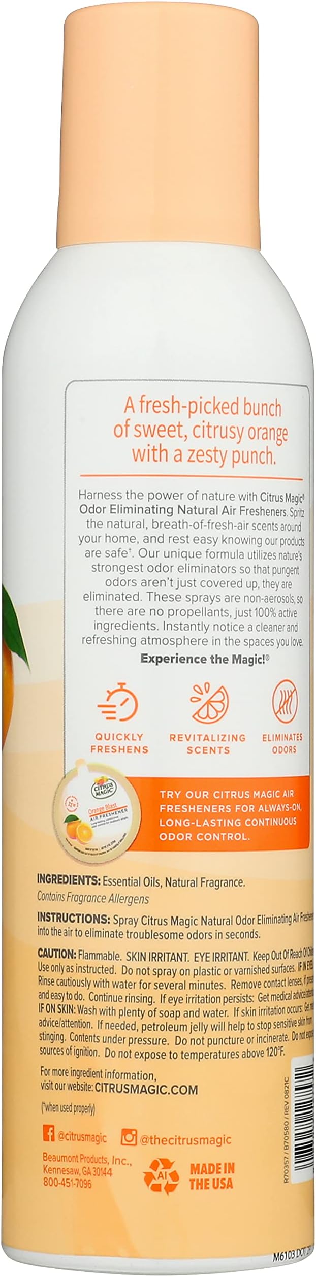 Citrus Magic Odor Eliminating Air Freshener Spray, Orange Blast, 6-Ounce