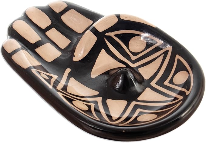 NOVICA Artisan Handmade Ceramic Incense Holder Black White Hamsa Amulet Peru 'Black White Hamsa'