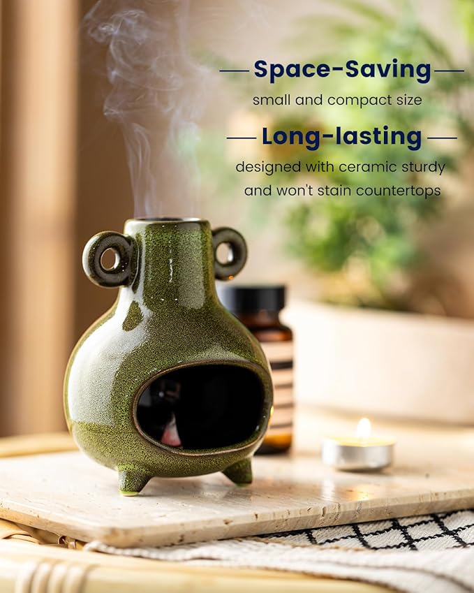 Ceramic Palo Santo Holder, Modern Incense Holder Burner for Sticks Sage Bundles Cone Incense, Chimenea Incense Dish for Meditation Decor, Green